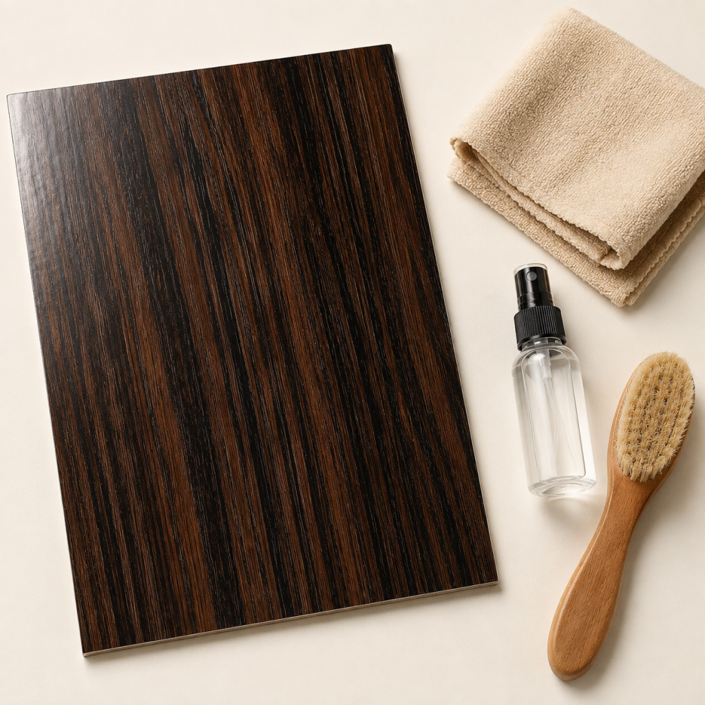 Cleaning a glossy laminate wardrobe with a soft cloth
