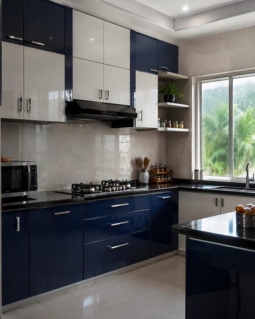 Navy blue and white high gloss laminate kitchen cabinets