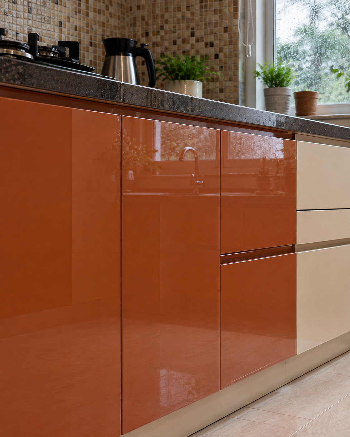 Burnt orange high gloss laminate kitchen shutters in a Terai home