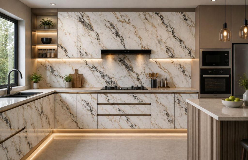 High gloss marble laminate kitchen cabinets