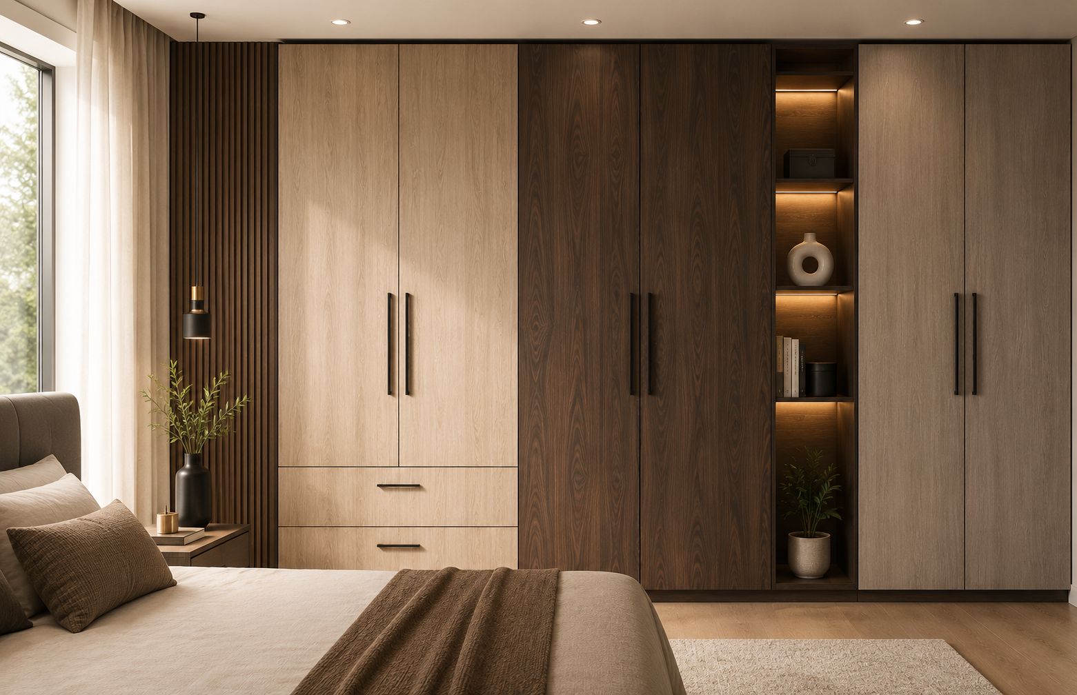 Suede finish matte wood grain laminate wardrobe